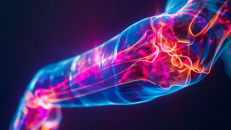 An illustration of a leg and foot with the nerves glowing pink and orange